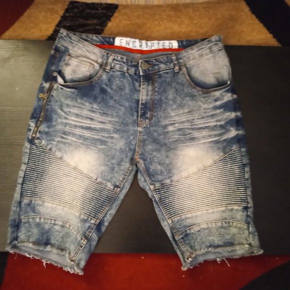 Encrypted men's blue washed denim jean shorts Bermudas w/pockets size 38 - Picture 1 of 6
